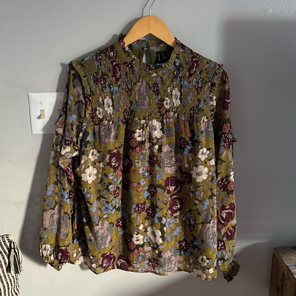 70s floral smocked blouse